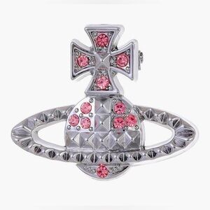 Cute  Rockstar Vivienne Westwood Silver tone Pink Crystal Saturn Bag Logo Brooch